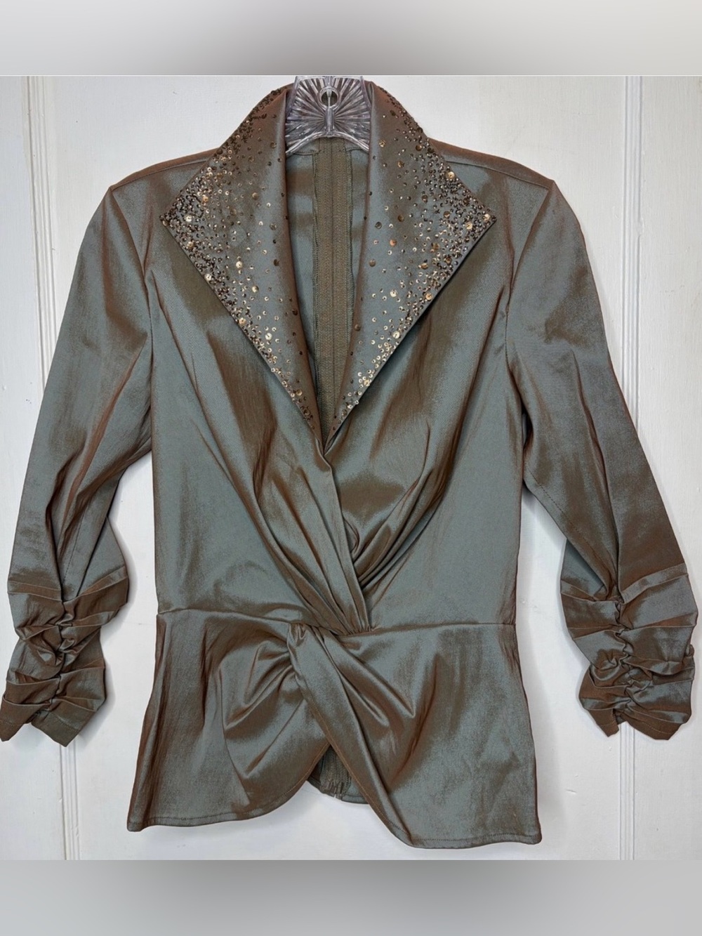Tadashi Shoji Taffeta Formal Blouse Top Blue Green Iridescent Sequins 6 Vtg Y2K